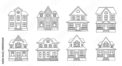 Diverse collection of single family home illustrations in a modern sketchy artistic style.