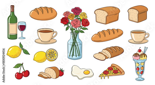 A delightful collection of food and drink items including bread wine and flowers.