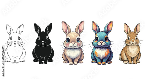 Collection of adorable rabbits in various styles and colors, showcasing different artistic interpretations
