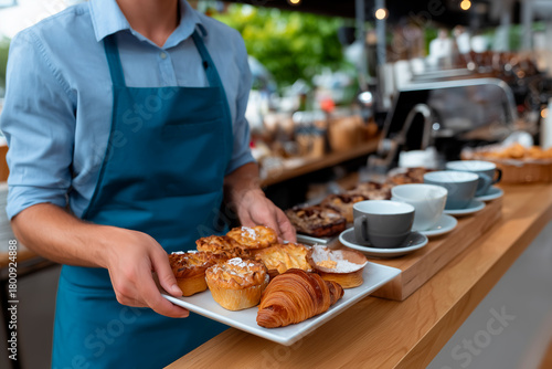 Waiter serving fresh pastries on tray in cafe