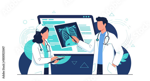 Medical Professionals Analyzing X-Ray Results And Using Modern Diagnostic Technology Together