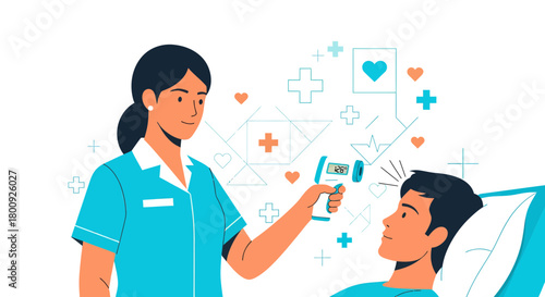 Medical Professional Checking Patient's Temperature In A Hospital Setting With Modern Tools