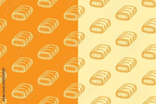 Tamagoyaki sushi line art seamless pattern on yellow white background set for Asian restaurant. Omelet sushi engraving doodle pattern background for culinary. Egg roll hatching motif wallpaper