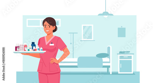 Medical Professional Delivering Medication in Hospital Ward, Healthcare Cartoon Illustration