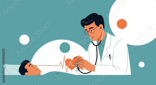 Medical Professional Examining Patient's Heartbeat with Modern, Distinctive Illustrations