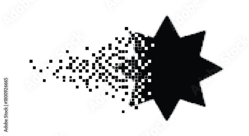 A black eight-pointed star disintegrating into a cloud of pixels on a white background.