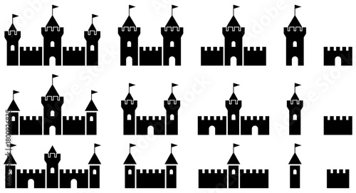 様々な形の城、砦、要塞アイコンのベクターイラストのセット