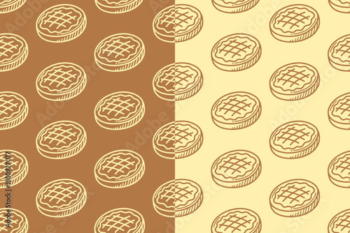 Waffle cakes line art seamless pattern on tan white background set for bakery. Backed cookie engraving doodle pattern background for pastry. Round biscuit hatching motif wallpaper for restaurant
