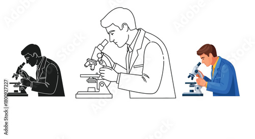 Three scientist illustrations in silhouette, outline, and color, showcasing researchers dedication