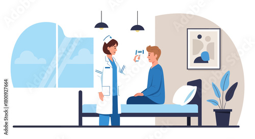 Medical Professional Checking Patient's Temperature: Hospital Room Illustration Artwork