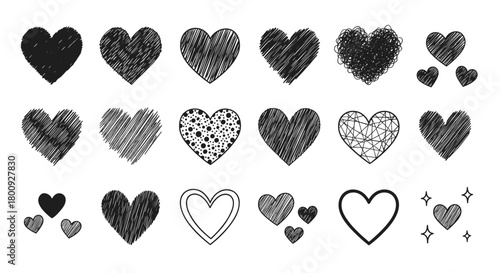 Collection of hand-drawn sketchy heart illustrations for design.
