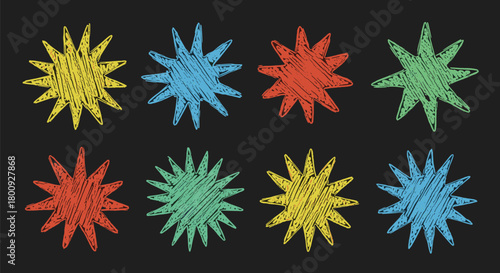 Eight colorful starbursts with textured scribbled effect on a black background.