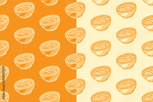 Udon noodle bowl line art seamless pattern on yellow white background set for cafe. Japanese noodle soup engraving doodle pattern background for culinary. Asian noodle cuisine hatching motif wallpaper