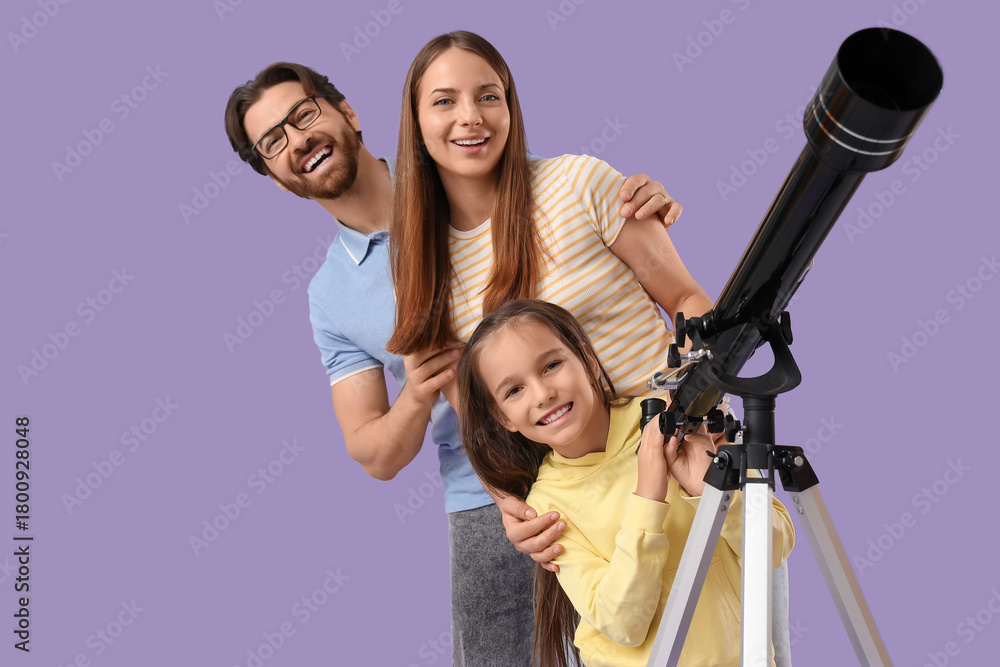 Fototapeta premium Little girl with her parents and telescope on lilac background