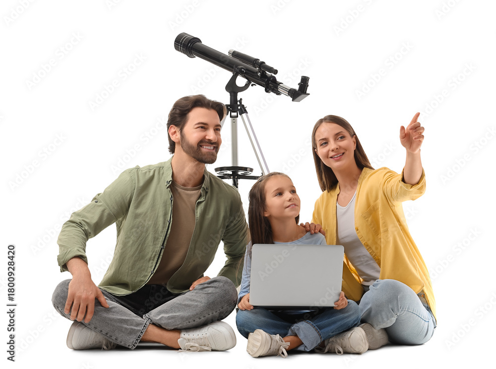 Fototapeta premium Little girl with her parents and telescope using laptop on white background