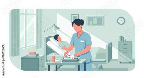 Medical Professional Providing Care for Patient in a Hospital Bed Setting Illustration