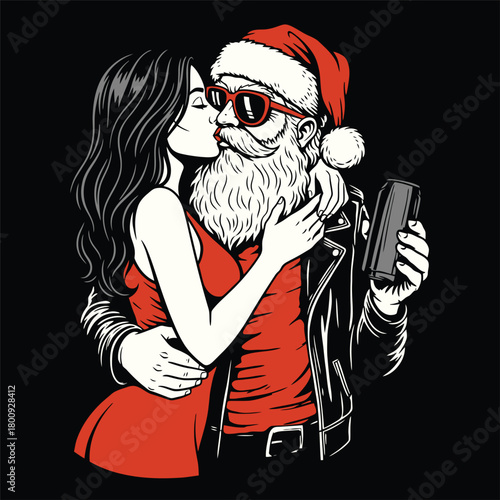 Badass Santa Claus and Woman Kissing with Beer Can Vector