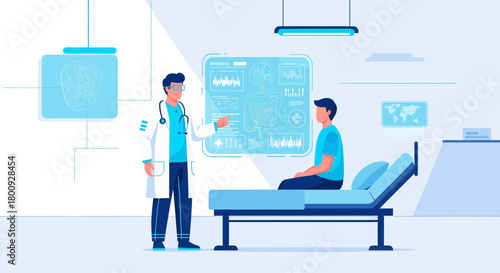 Modern Healthcare Doctor Explaining Displayed Medical Analysis To Patient In Clinic