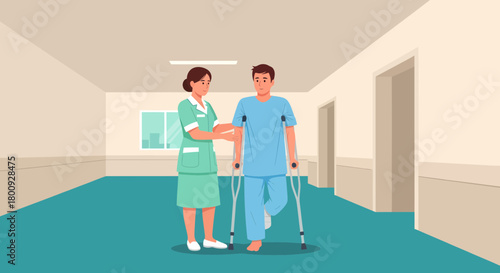 Nurse Assisting Patient With Crutches Walking in a Hospital Hallway During Recovery Process