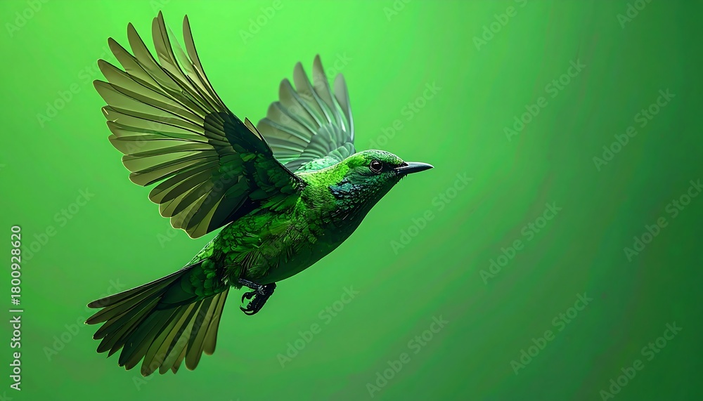 Fototapeta premium A vibrant, emerald-hued bird in mid-flight against a lush, green gradient background, wings spread wide