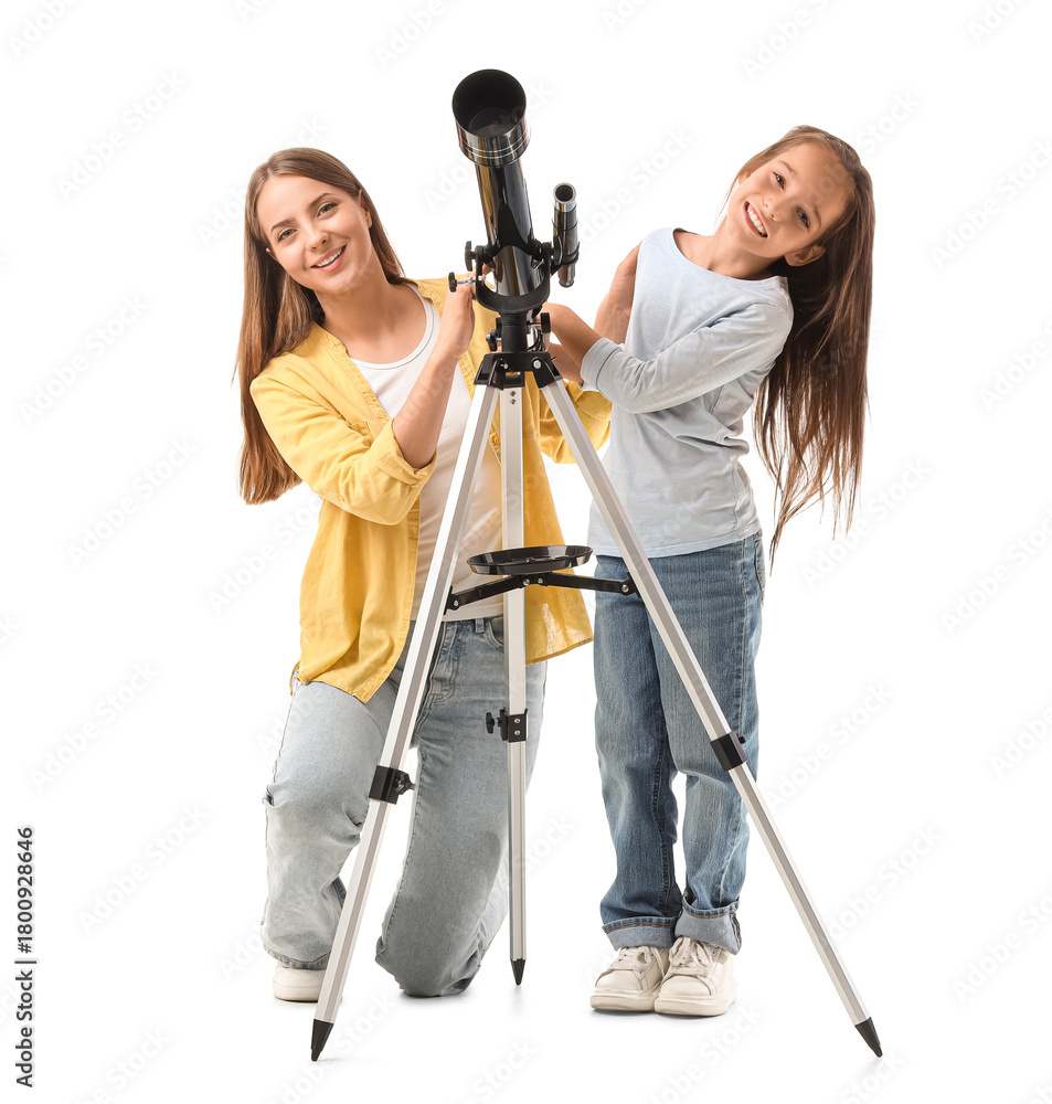 Fototapeta premium Little girl with her mother and telescope on white background