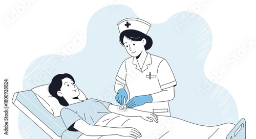 Medical Professional Providing Patient Care, Illustrative Hospital Artwork Displaying Nursing