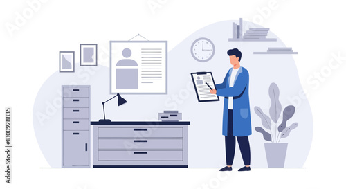 Medical Professional Reviewing Patient Information in a Modern Office Environment