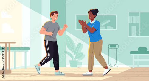 Patient Celebrates Success With Physiotherapist In A Bright Rehabilitation Center Setting