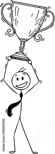 A triumphant stick figure businessman in a tie joyfully lifts a large shiny trophy, symbolizing success, victory, and achievement in business competition and corporate accomplishments