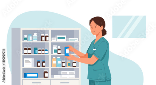 Medical Professional Selecting Medication From Pharmacy Shelves In Modern Illustration