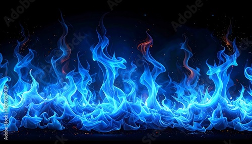Fototapeta Naklejka Na Ścianę i Meble -  A vibrant horizontal illustration showcasing ethereal blue flames rising from a dark background, some orange highlights