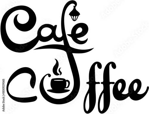 Elegant calligraphic lettering design for Cafe Coffee, featuring an integrated street lamp and a steaming hot coffee cup icon as a logo concept