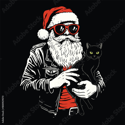 Badass Santa Claus Holding Black Cat Vector Illustration