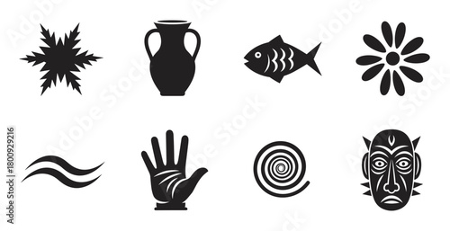 A varied collection of eight black silhouette icons, including an abstract star, ancient vase, fish, flower, wavy lines, open hand, spiral, and tribal mask, isolated on a white background