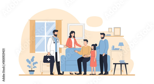 Medical Professional Visiting A Family For Checkup And Routine Medical Examination Illustration