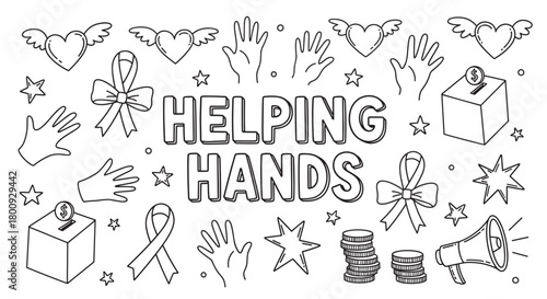 Black and white line art illustration with 'Helping Hands' text surrounded by hand-drawn doodles about charity, donation, volunteering, and community support on a white background