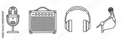 A collection of professional audio equipment icons in a clean line art style, featuring two microphones, a combo amplifier, and over-ear headphones for studio recording