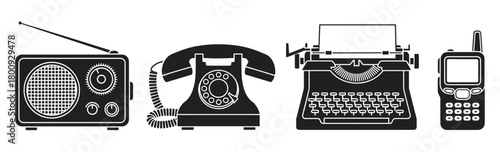 Black silhouette icons illustrate the evolution of communication technology, featuring a vintage radio, rotary telephone, typewriter, and an early mobile phone, isolated on a white background