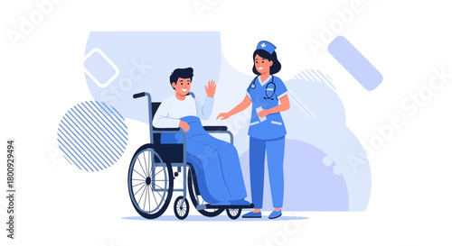 Patient Greeting In Wheelchair With Helpful Nurse And Compassionate Assistance Illustrated