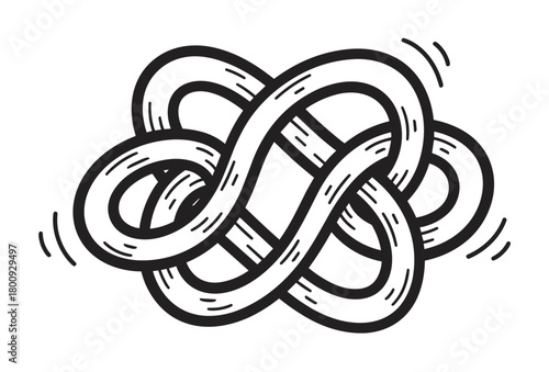 An intricate black and white doodle of a tangled, interwoven knot, symbolizing complexity, confusion, a difficult problem, or an eternal, unbreakable connection