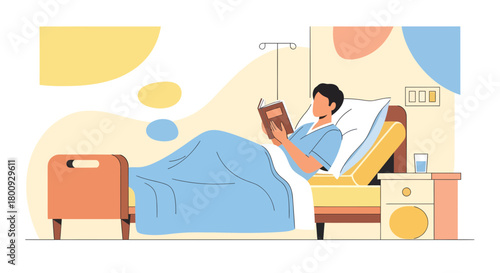 Patient Reading a Book In Bed While Recovering in a Comfortable Hospital Room Setting