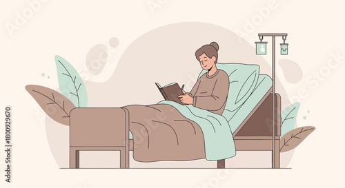Patient Reading In Hospital Room With Infusion Therapy And Natural Leafy Decor