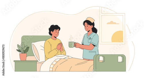 Patient Receives Beverages in Hospital, Nurse Delivers Care, Illustration of Medical Attention