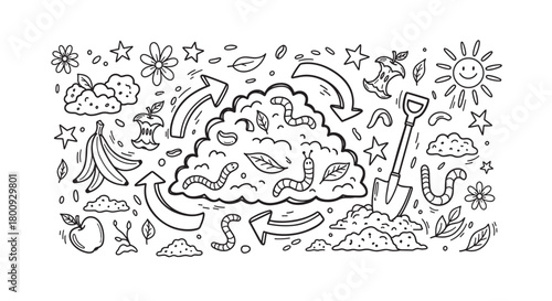 Hand-drawn doodle illustration showing the composting cycle with earthworms breaking down fruit scraps into rich soil for gardening, promoting an eco-friendly lifestyle