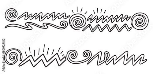 Graphic black outline doodle patterns form two horizontal decorative lines, showcasing spirals, waves, zigzags, and sun elements on a clean white background, conveying a playful and artistic mood
