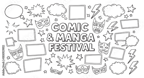 A hand-drawn black and white doodle set for a comic and manga festival, featuring text, speech bubbles, masks, stars, and empty panels isolated on a white background