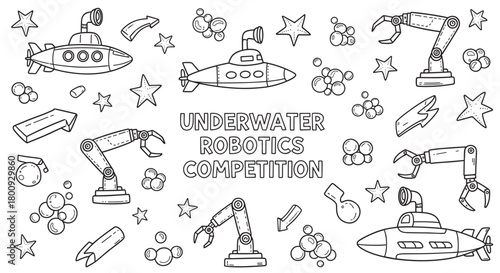 A collection of black and white doodle illustrations for an underwater robotics theme, featuring submarines, robotic arms, starfish, and bubbles on a white background