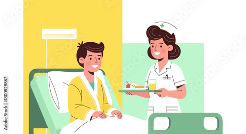 Patient Receiving Healthcare In Hospital And Nurse Bring Healthy Meal For Him