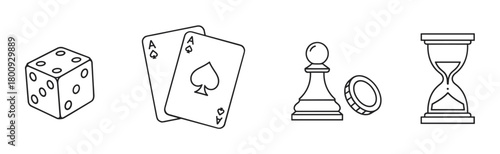 A minimalist black outline icon set featuring a dice, playing cards, a chess pawn, a poker chip, and an hourglass, isolated on a white background, symbolizing games, strategy, and time