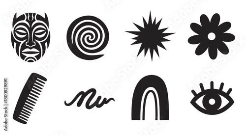 Set of minimalist black silhouette symbols featuring an ethnic mask, abstract shapes like a spiral and arch, and objects like a comb and flower, presented on a white backdrop